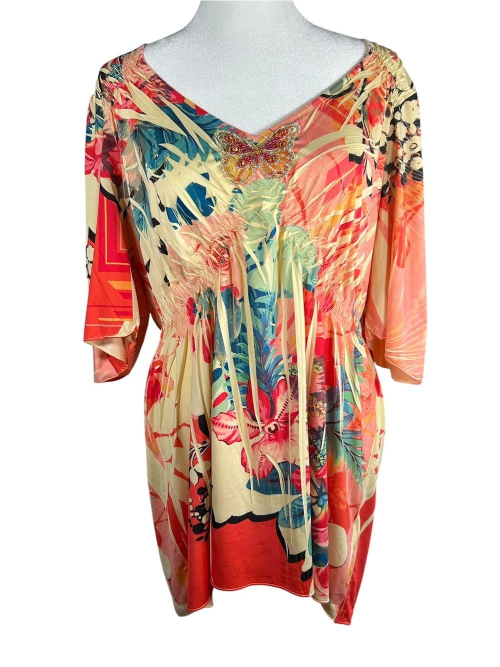 McBling CyberY2K One World Butterfly Beaded Ruched Handkerchief Tunic Top L